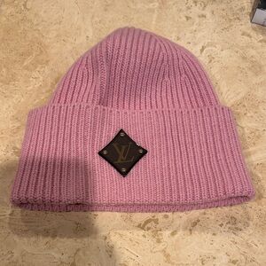 Louis Vuitton Pink Rib Knit Beanie with Monogram Patch